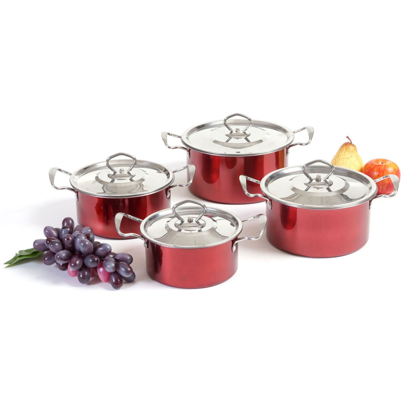 set de casseroles camping Cuneo, vaisselle, kit de pots, 8 pièces acier affiné - rouge