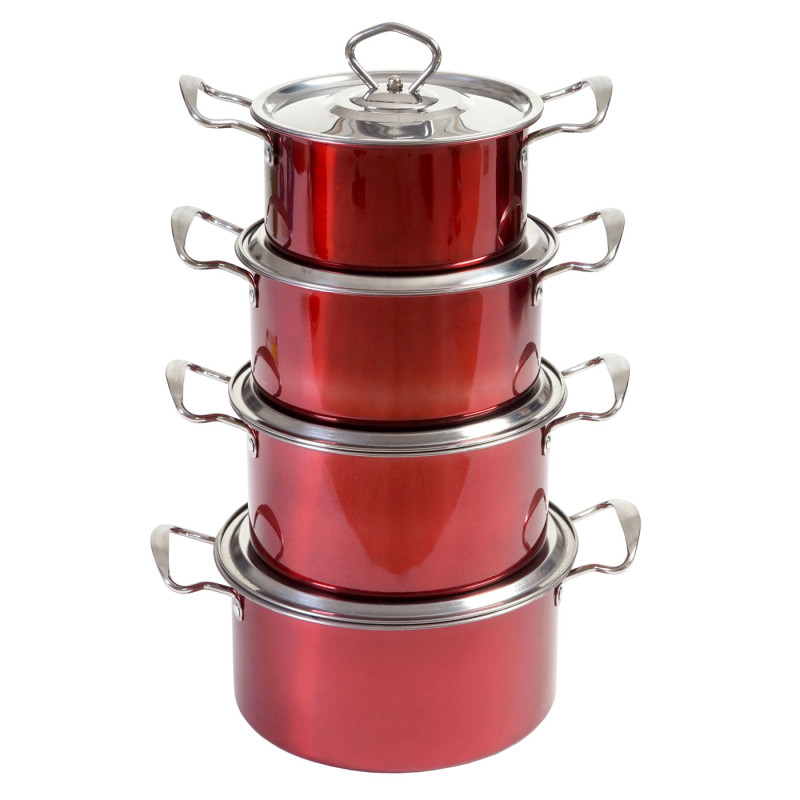 set de casseroles camping Cuneo, vaisselle, kit de pots, 8 pièces acier affiné - rouge