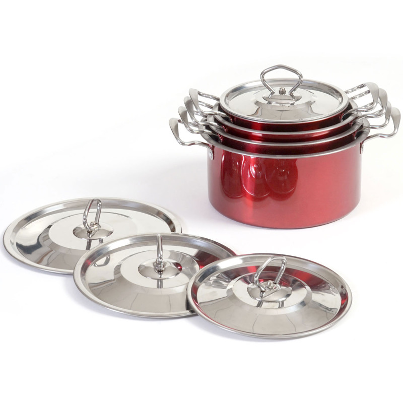 set de casseroles camping Cuneo, vaisselle, kit de pots, 8 pièces acier affiné - rouge