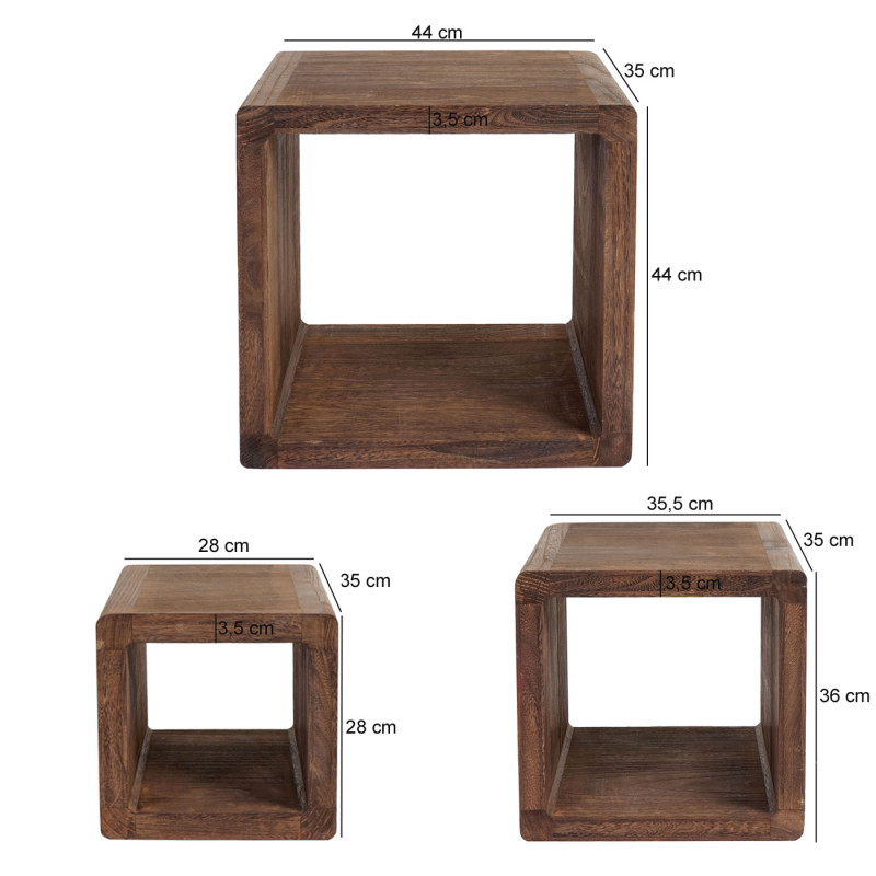 3x étagère Trani, étagère indépendante, table d'appoint, bois massif, style shabby - marron foncé