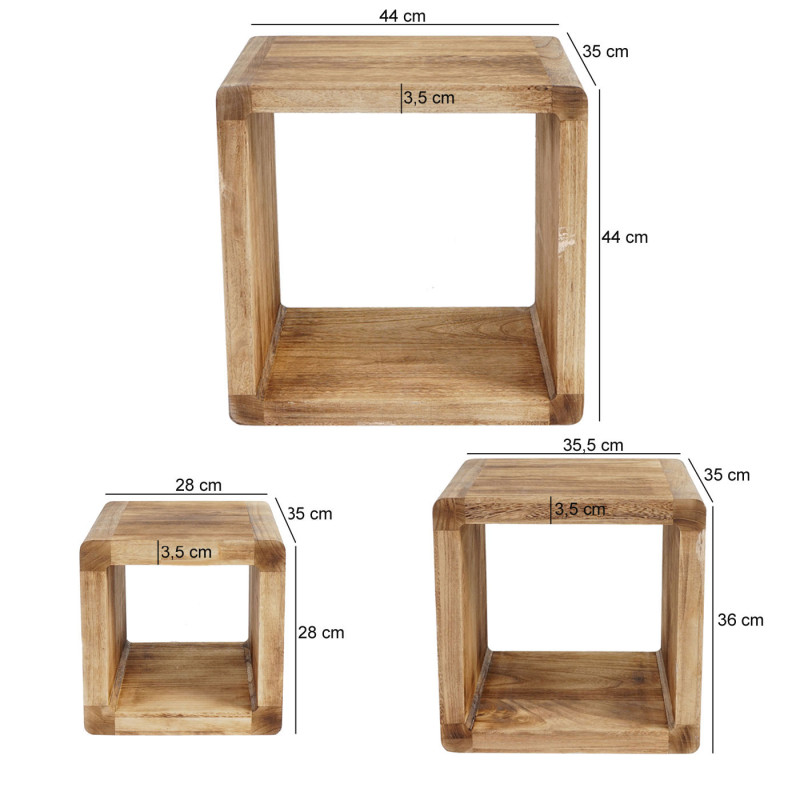 3x étagère Trani, étagère indépendante, table d'appoint, bois massif, style shabby - marron naturel