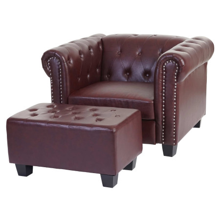 Fauteuil de luxe Chesterfield, fauteuil longue, similicuir - pieds angulaires, brun rouge avec ottomane