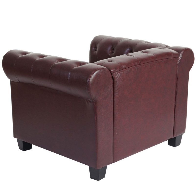 Fauteuil de luxe Chesterfield, fauteuil longue, similicuir - pieds angulaires, brun rouge avec ottomane