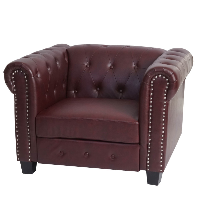 Fauteuil de luxe Chesterfield, fauteuil longue, similicuir - pieds angulaires, brun rouge