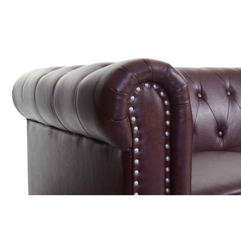 Fauteuil de luxe Chesterfield, fauteuil longue, similicuir - pieds angulaires, brun rouge