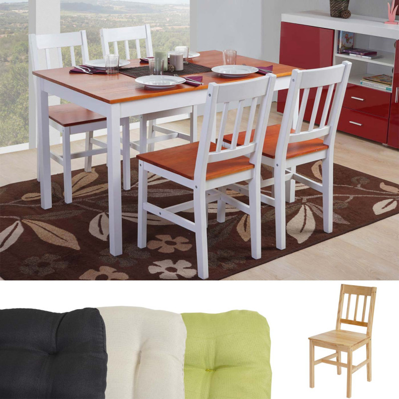 Garniture de salle à manger Harstad, table + 4 chaises, pin - nature avec 4 coussins vert