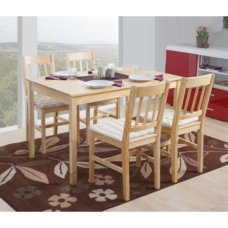 Garniture de salle à manger Harstad, table + 4 chaises, pin - nature avec 4 coussins crème