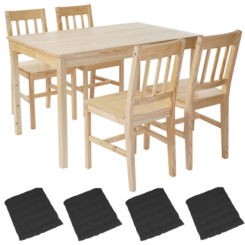 Garniture de salle à manger Harstad, table + 4 chaises, pin - nature avec 4 coussins anthracites