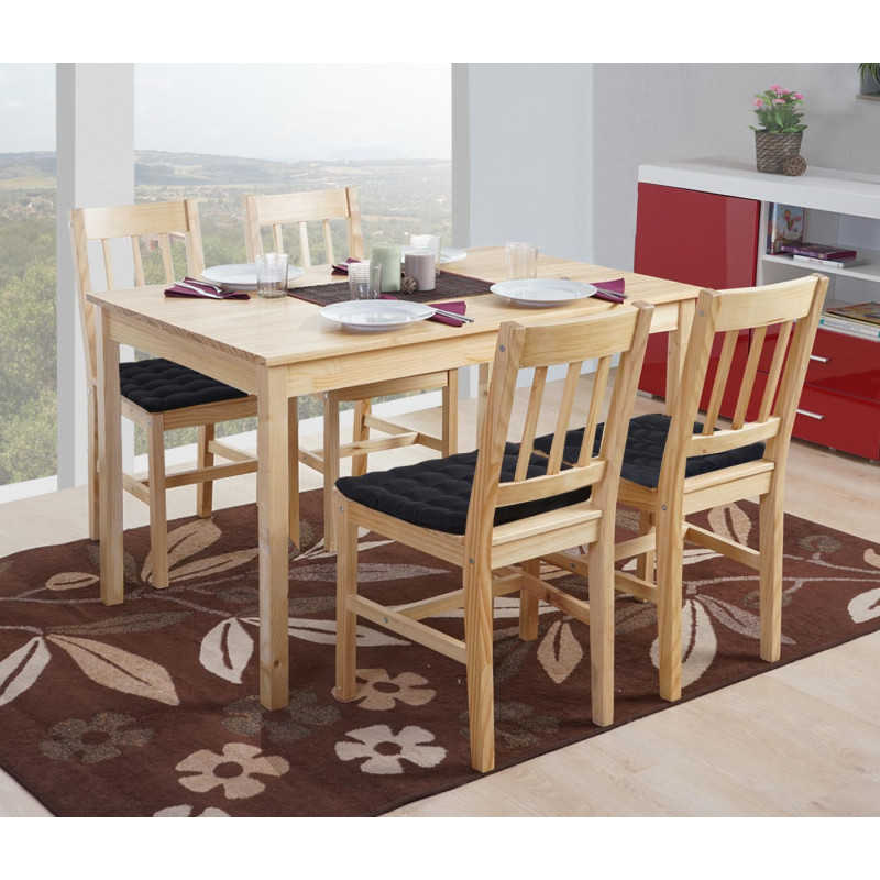 Garniture de salle à manger Harstad, table + 4 chaises, pin - nature avec 4 coussins anthracites