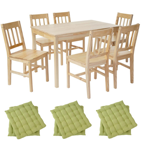 Garniture de salle à manger Harstad, table + 6 chaises, pin - nature avec 6 coussins vert