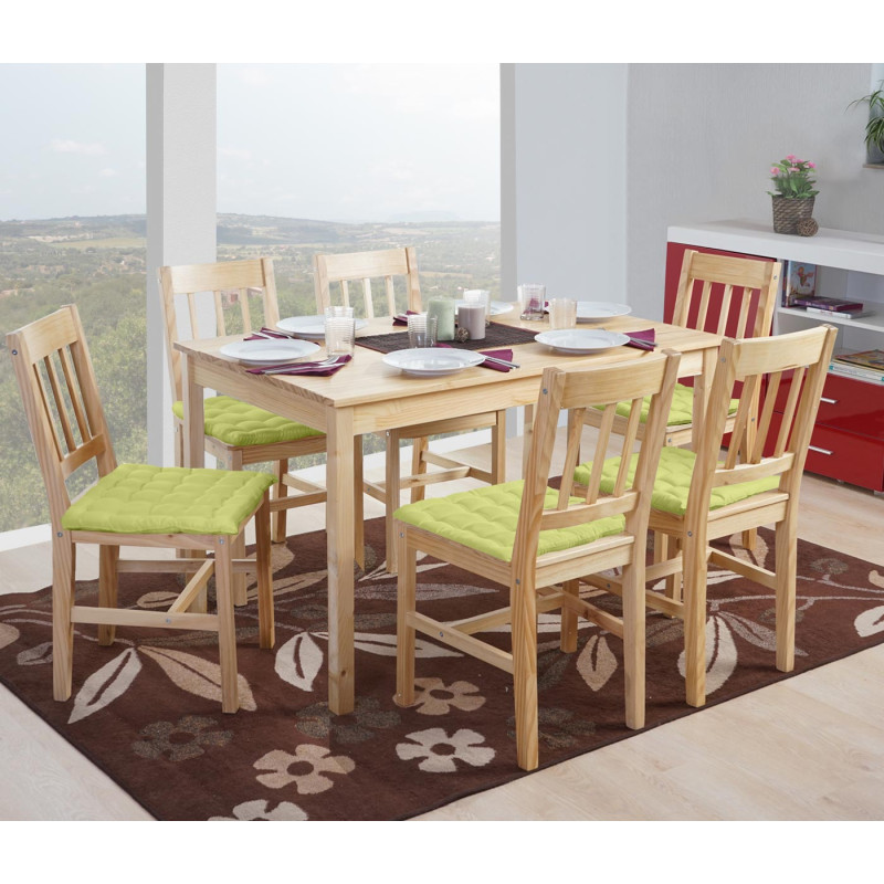 Garniture de salle à manger Harstad, table + 6 chaises, pin - nature avec 6 coussins vert