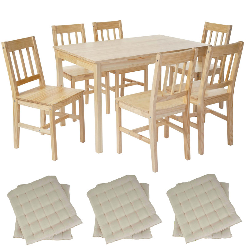 Garniture de salle à manger Harstad, table + 6 chaises, pin - nature avec 6 coussins crème