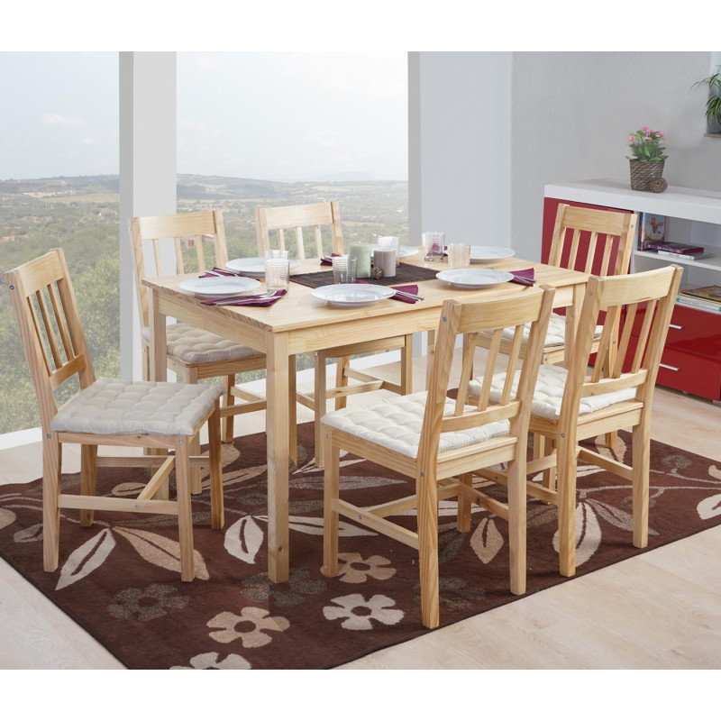 Garniture de salle à manger Harstad, table + 6 chaises, pin - nature avec 6 coussins crème