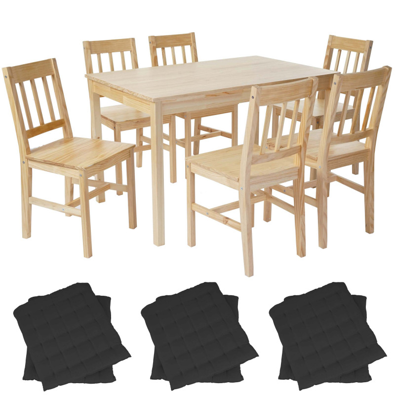 Garniture de salle à manger Harstad, table + 6 chaises, pin - nature avec 6 coussins anthracites