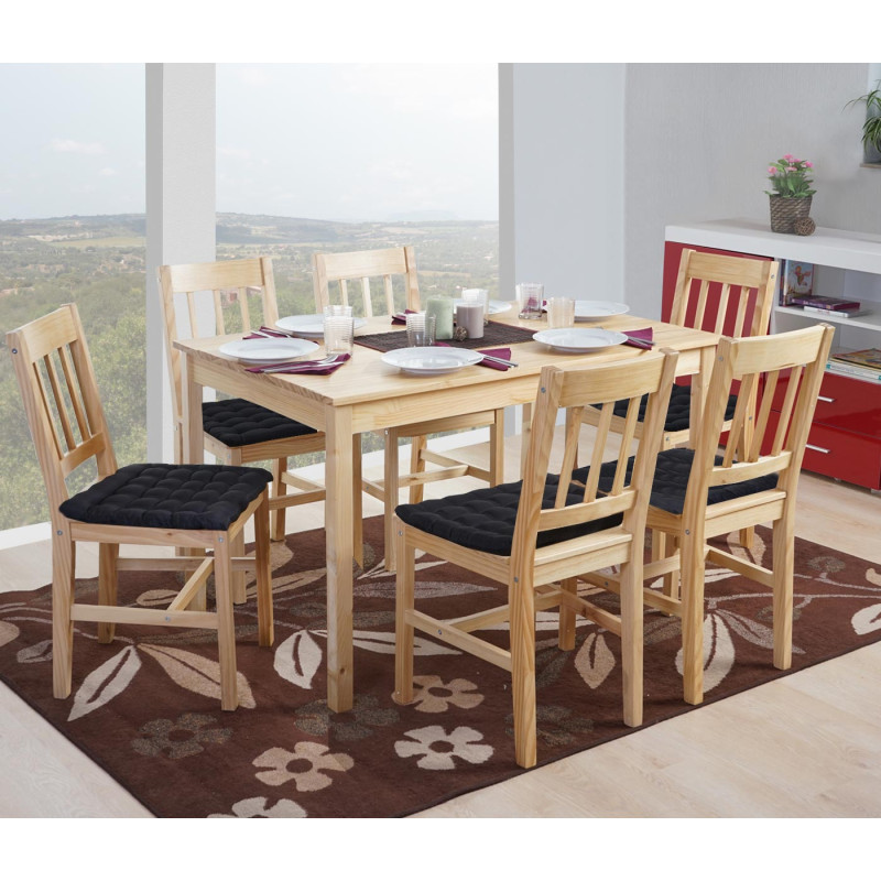Garniture de salle à manger Harstad, table + 6 chaises, pin - nature avec 6 coussins anthracites