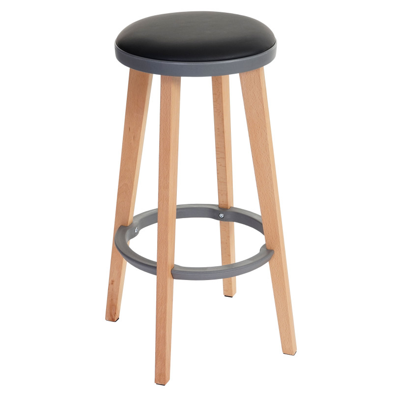 2x tabouret de bar Douglas, chaise de bar/comptoir, bois, similicuir 70x43x43cm - noir/gris