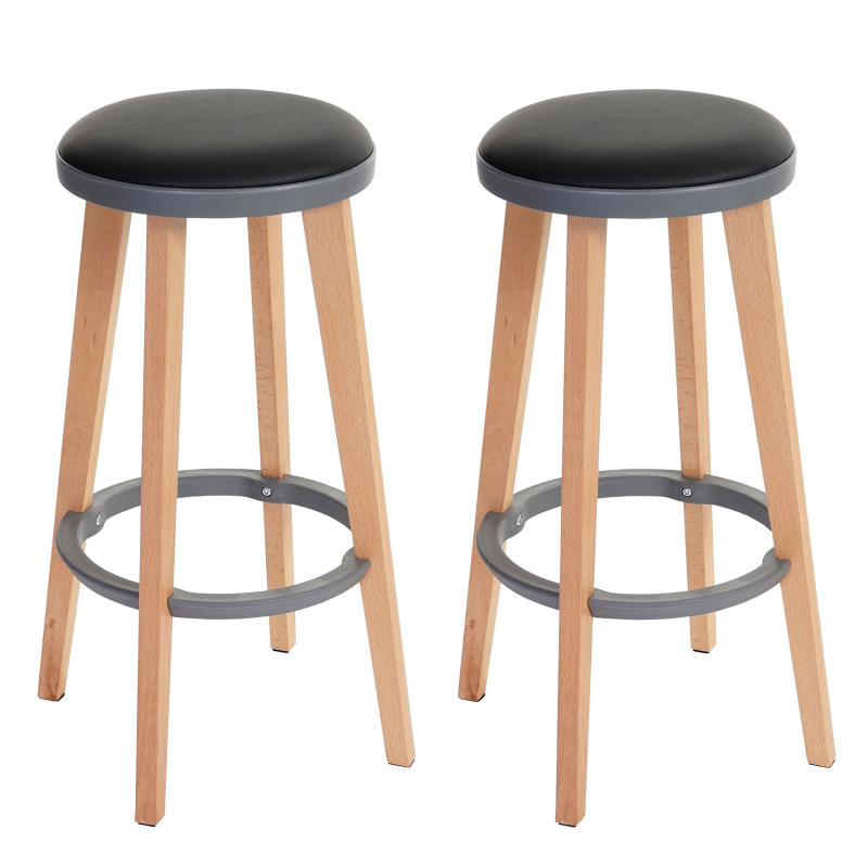 2x tabouret de bar Douglas, chaise de bar/comptoir, bois, similicuir 70x43x43cm - noir/gris