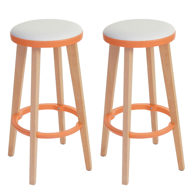 2x tabouret de bar Douglas, chaise de bar/comptoir, bois, similicuir 70x43x43cm - blanc/orange