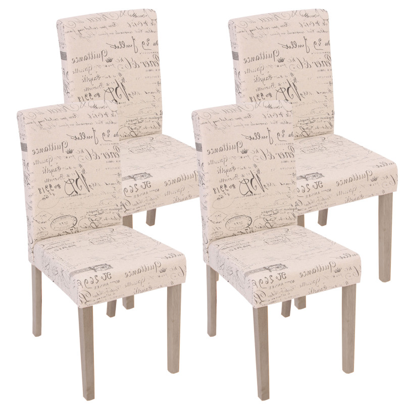 4x chaise de séjour Littau, fauteuil - tissu avec écriture, crème, pieds couleur chaîne