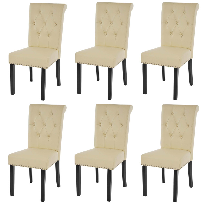 6x chaise de salle à manger Chesterfield II, fauteuil avec rivets, similicuir crème, pieds foncés