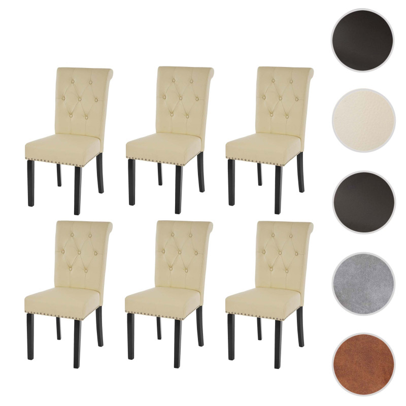 6x chaise de salle à manger Chesterfield II, fauteuil avec rivets, similicuir crème, pieds foncés