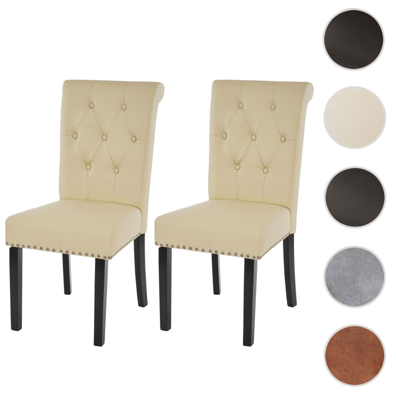 2x chaise de salle à manger Chesterfield II, fauteuil avec rivets, similicuir crème, pieds foncés