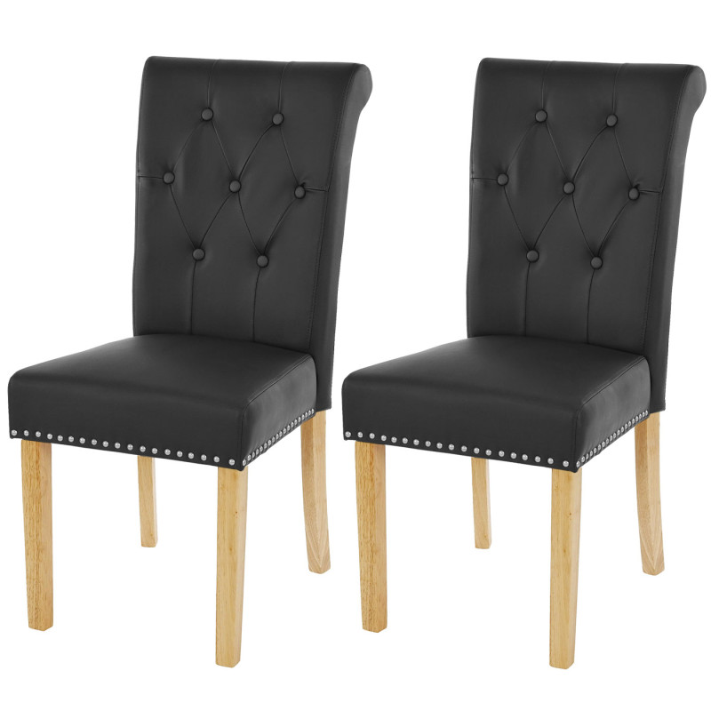 2x chaise de salle à manger Chesterfield II, fauteuil avec rivets, similicuir noir, pieds clairs