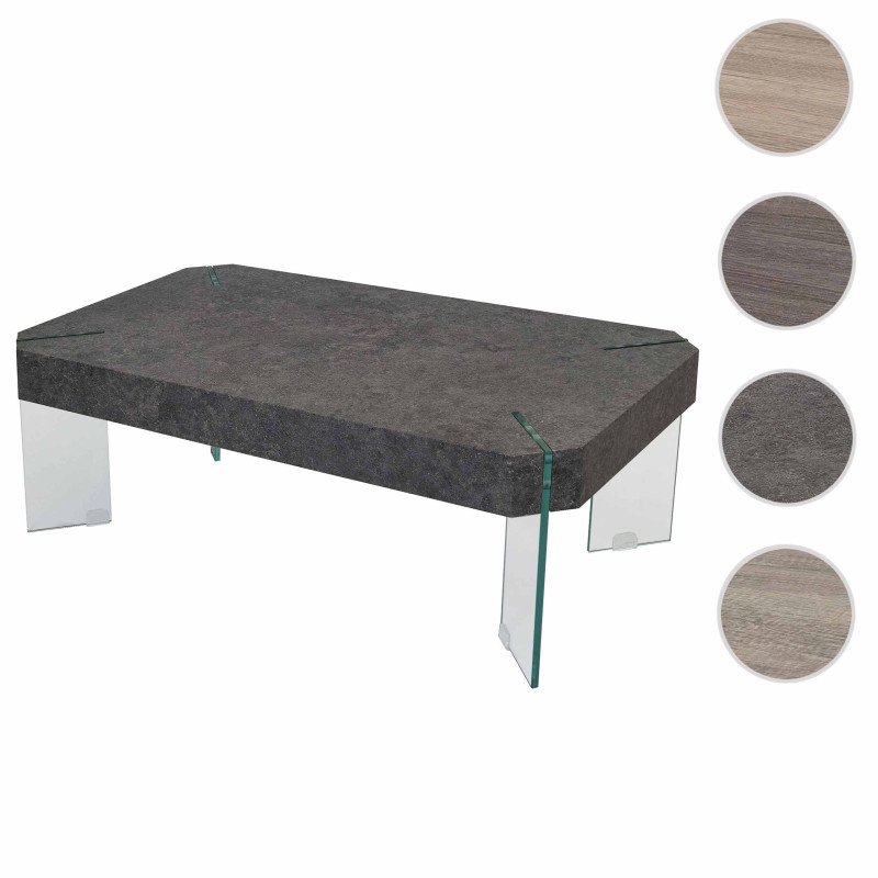 Table basse de salon Kos T578, FSC 40x110x60cm - aspect béton, pieds en verre