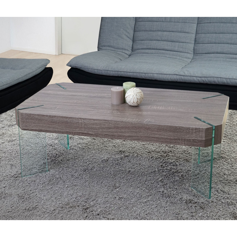 Table basse de salon Kos T578, MVG 40x110x60cm - aspect chêne foncé, pieds en verre