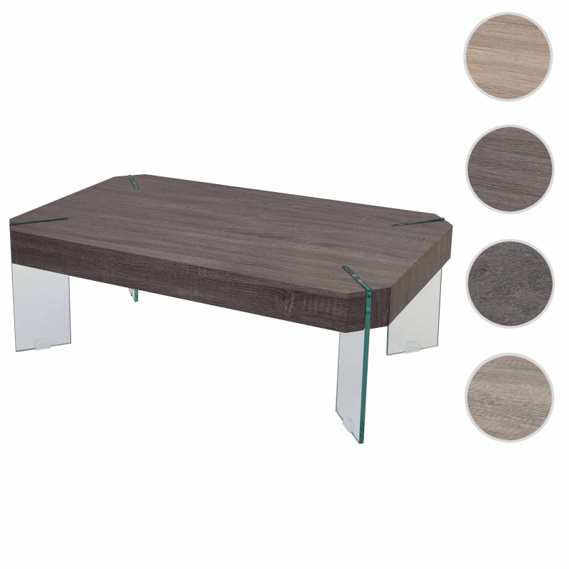 Table basse de salon Kos T578, MVG 40x110x60cm - aspect chêne foncé, pieds en verre