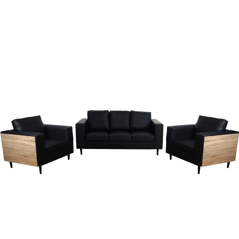 3-1-1 garniture de canapés Nancy, canapé lounge, bois, aspect chêne - similicuir, noir