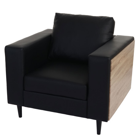 Fauteuil Nancy, fauteuil de salon / club, bois, aspect chêne - similicuir, noir