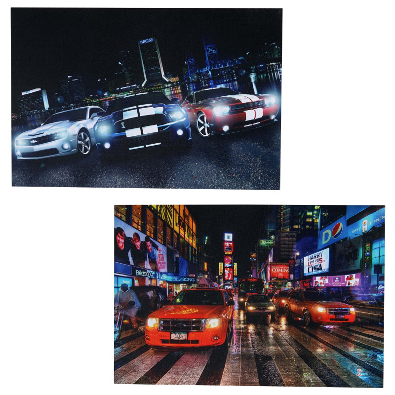 2x toiles de décoration murale LED tableau illuminé avec minuterie - 60x40cm - voitures