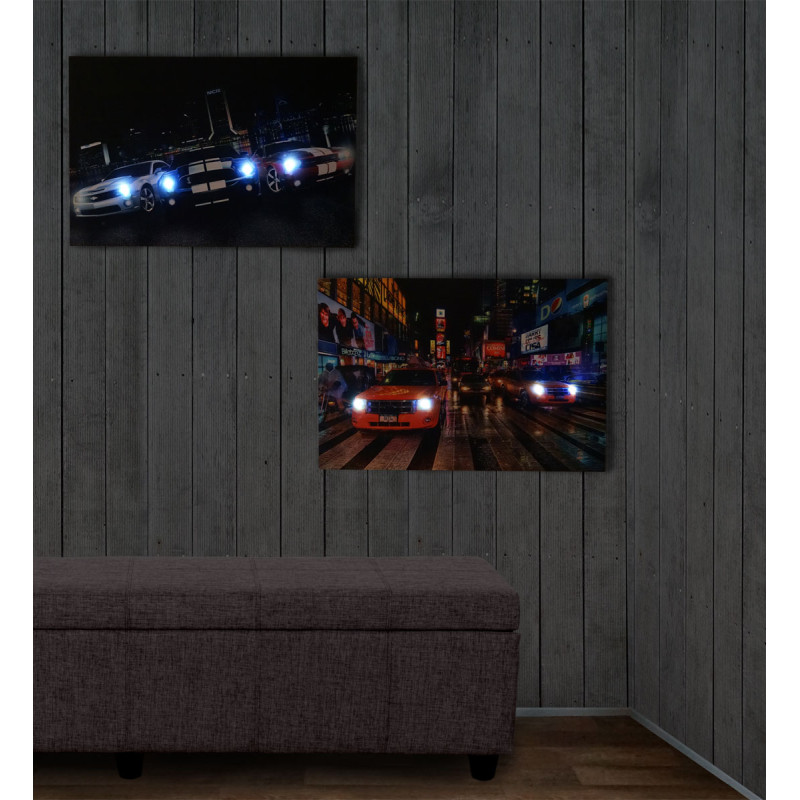 2x toiles de décoration murale LED tableau illuminé avec minuterie - 60x40cm - voitures