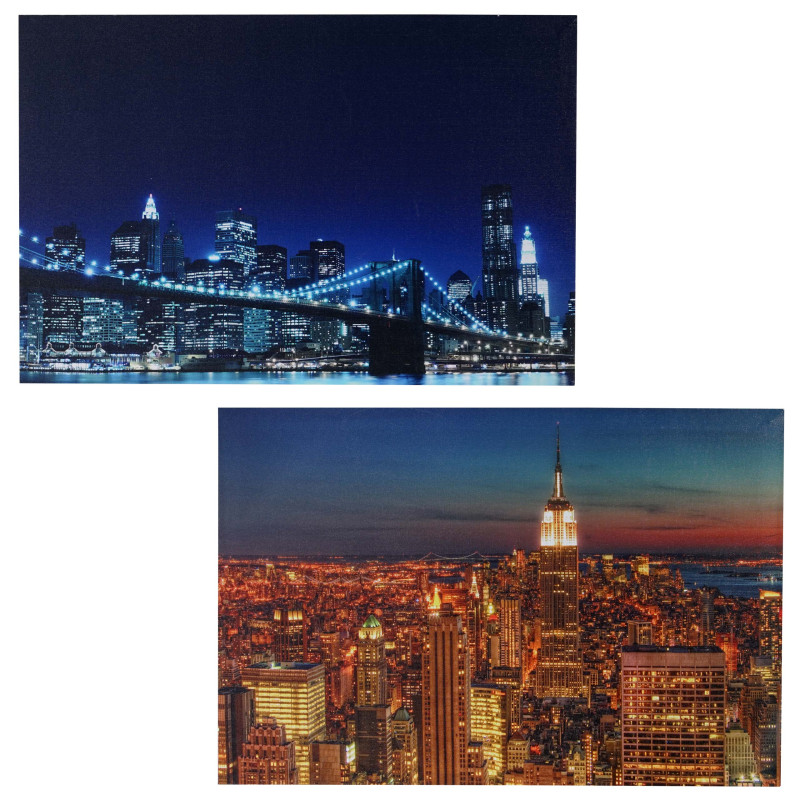 2x toiles de décoration murale LED tableau illuminé avec minuterie - 60x40cm - Skyline New York