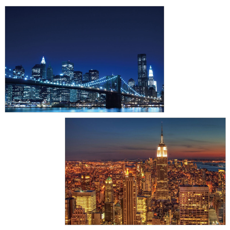 2x toiles de décoration murale LED tableau illuminé avec minuterie - 60x40cm - Skyline New York