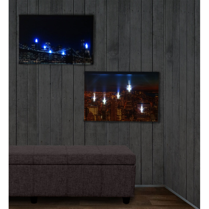 2x toiles de décoration murale LED tableau illuminé avec minuterie - 60x40cm - Skyline New York