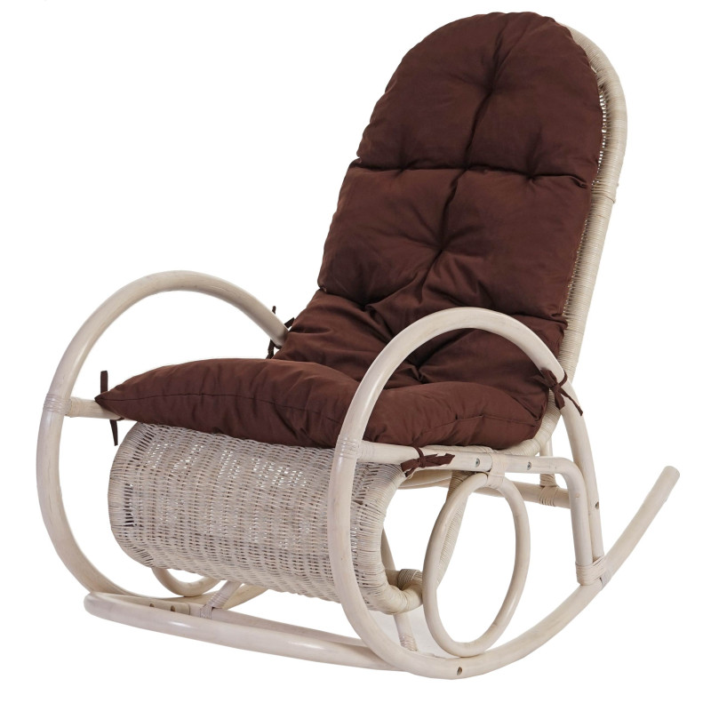 Fauteuil à bascule Esmeraldas, rocking-chair, fauteuil en rotin, blanc - rembourrage marron