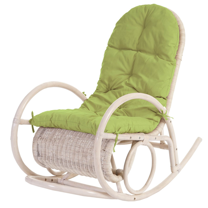 Fauteuil à bascule Esmeraldas, rocking-chair, fauteuil en rotin, blanc - rembourrage vert