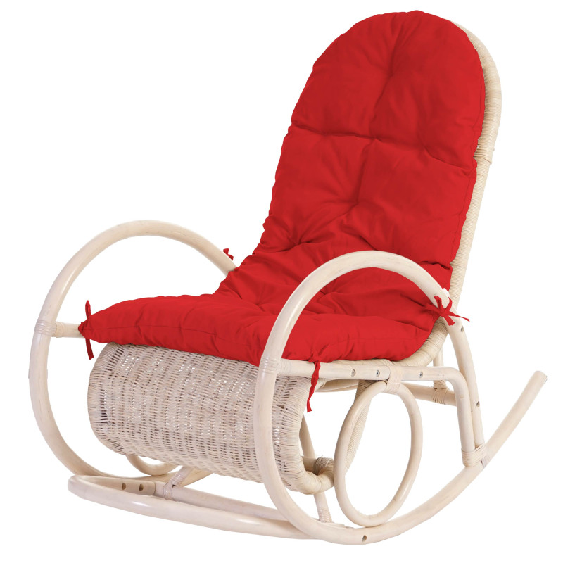 Fauteuil à bascule Esmeraldas, rocking-chair, fauteuil en rotin, blanc - rembourrage rouge