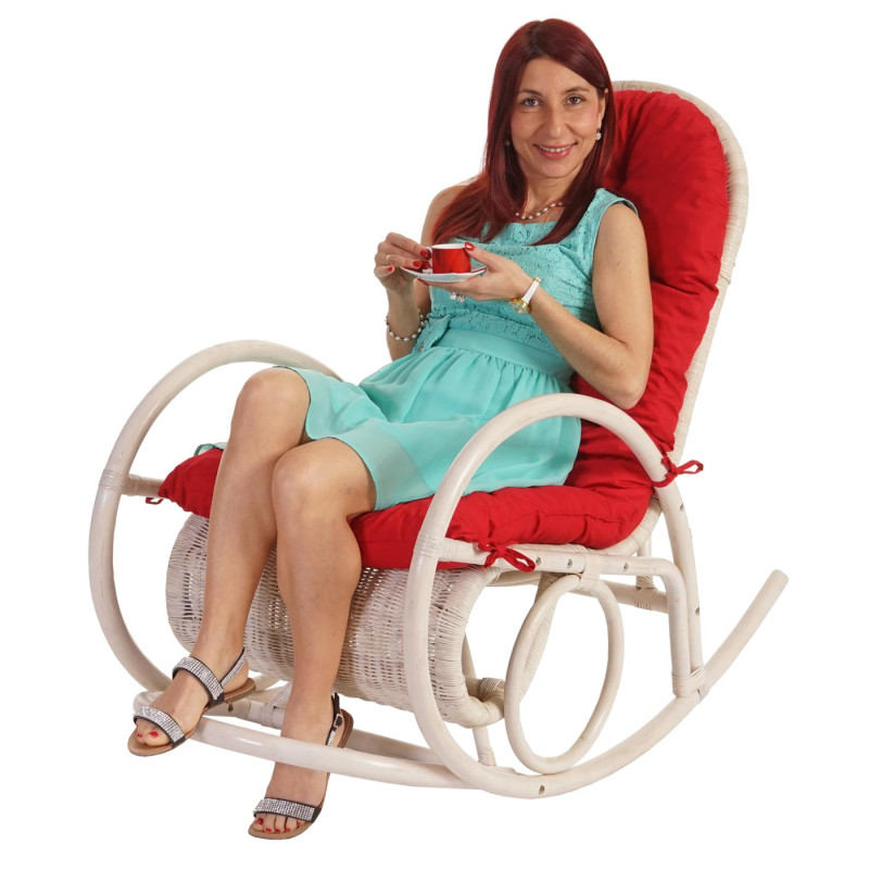 Fauteuil à bascule Esmeraldas, rocking-chair, fauteuil en rotin, blanc - rembourrage rouge