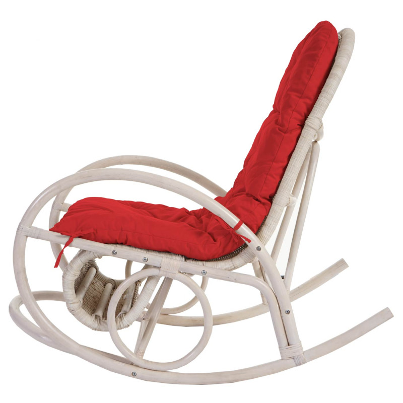 Fauteuil à bascule Esmeraldas, rocking-chair, fauteuil en rotin, blanc - rembourrage rouge