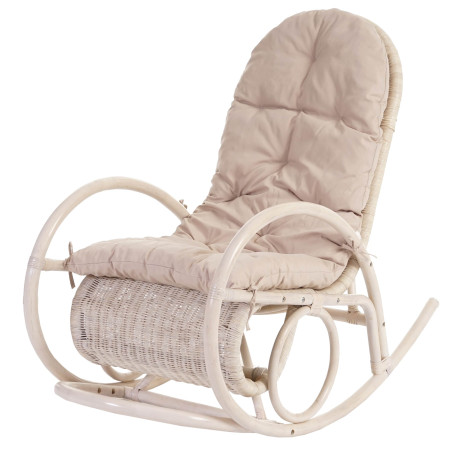 Fauteuil à bascule Esmeraldas, rocking-chair, fauteuil en rotin, blanc - rembourrage crème