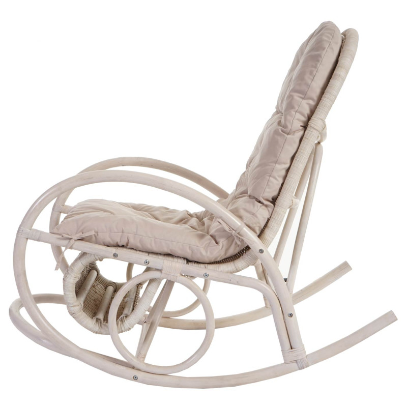 Fauteuil à bascule Esmeraldas, rocking-chair, fauteuil en rotin, blanc - rembourrage crème