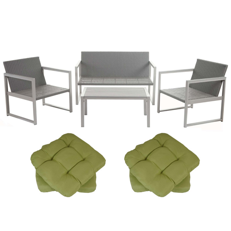 2-1-1 garniture de jardin Split, alu, ensemble canapé fauteuils, lounge, polyrotin - 4 coussins vert clair