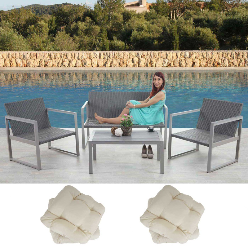 2-1-1 garniture de jardin Split, alu, ensemble canapé fauteuils, lounge, polyrotin - 4 coussins crème