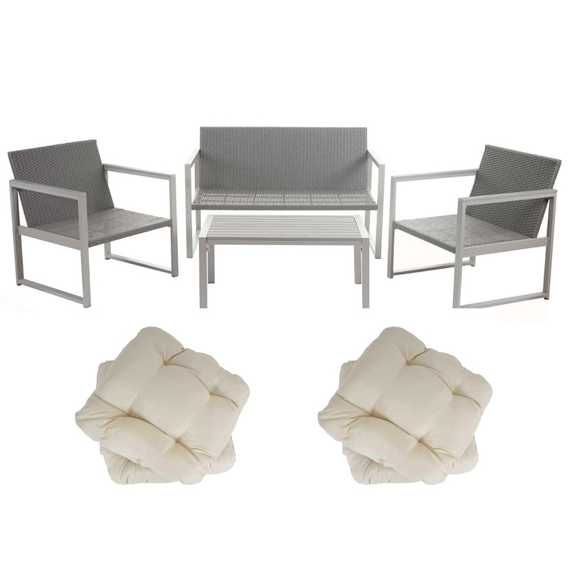 2-1-1 garniture de jardin Split, alu, ensemble canapé fauteuils, lounge, polyrotin - 4 coussins crème