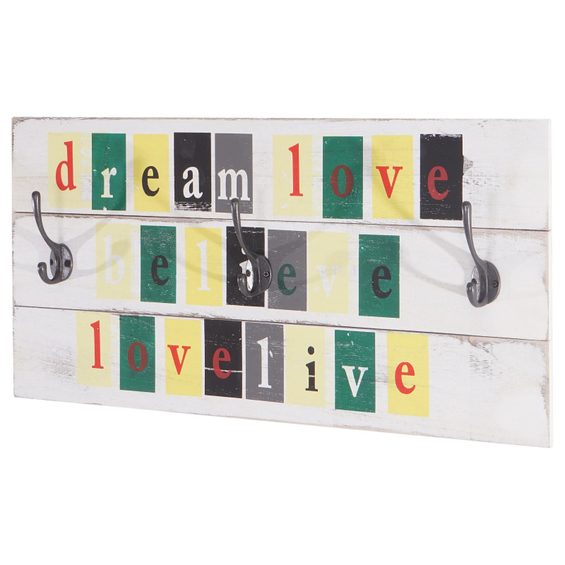 Garde-robe murale Love-Life, planche vestiaire, style shabby, vintage avec 3 crochets, 30x60cm