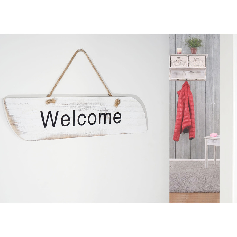 Planche murale Welcome, planche décorative, panneau style shabby, vintage, 10x43x1cm, blanc