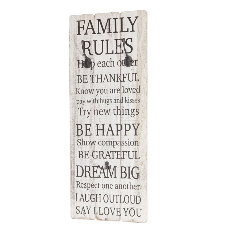 Garde-robe murale Family Rules, planche vestiaire, style shabby, vintage avec 3 crochets, 76x31cm